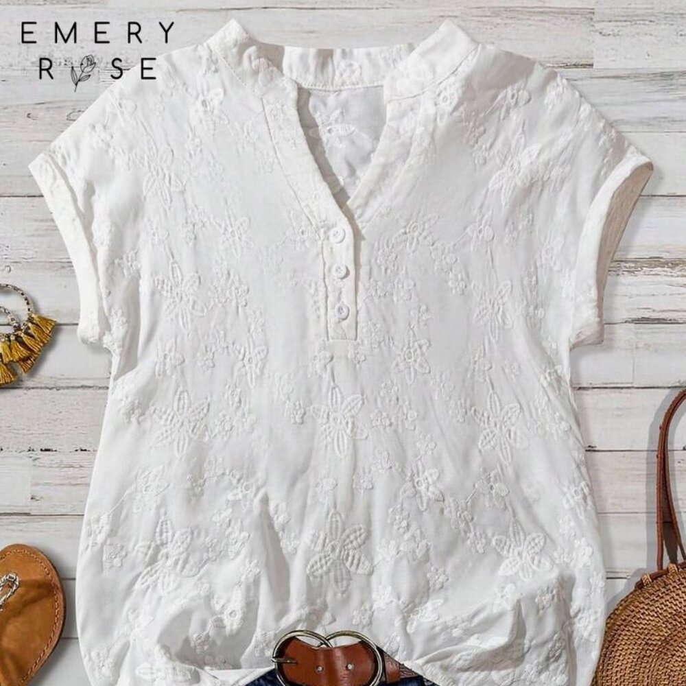 EMERY ROSE Women's Floral Jacquard V-Neck Short Sleeve Casual Shirt Summer Top